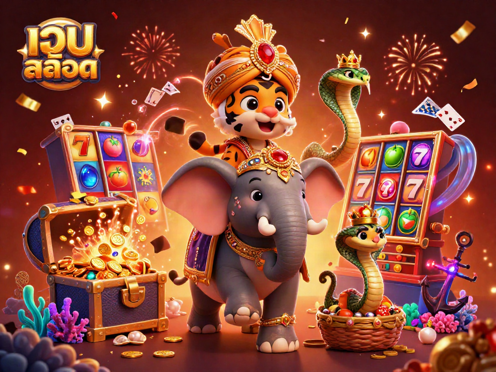 Engage with เว็บสล็อต featuring a tiger maharaja and jeweled elephant amidst dynamic gambling elements.
