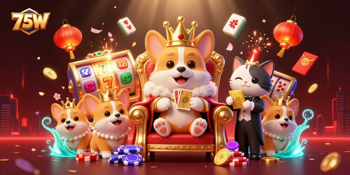 O cenário animado do 75W apresenta um corgi real, fichas de poker e elementos de caça-níqueis vibrantes.