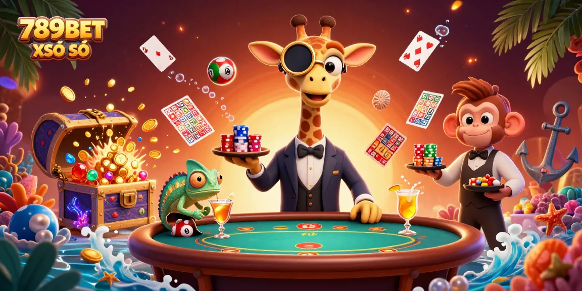 Win big with 789BET XỔ SỐ as a giraffe, monkey, and chameleon engage in vibrant lottery fun.