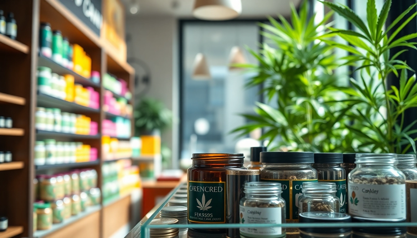 Explore weed sites buy with a vibrant cannabis product display in a modern shop.