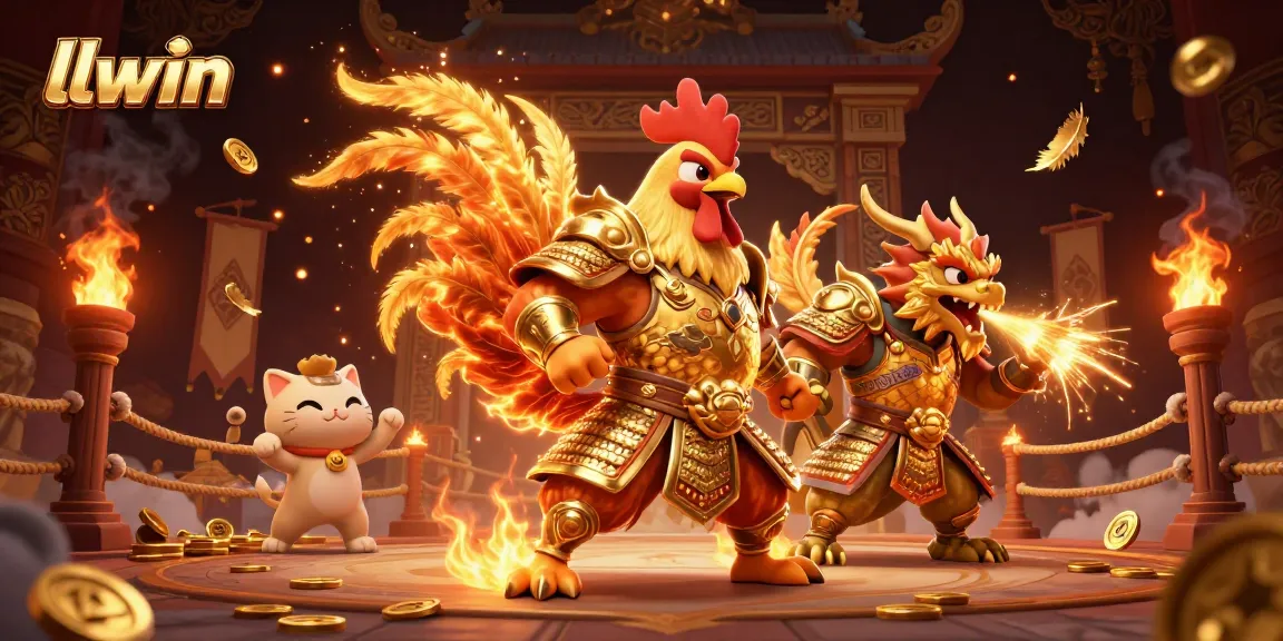Engage in thrilling adventures at llwin with a fighting rooster, dragon hatchling, and fortune cat in a vibrant casino scene.