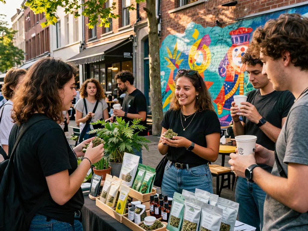 Brussels Weed Online: Customers engaging with cannabis vendors in a vibrant urban market.
