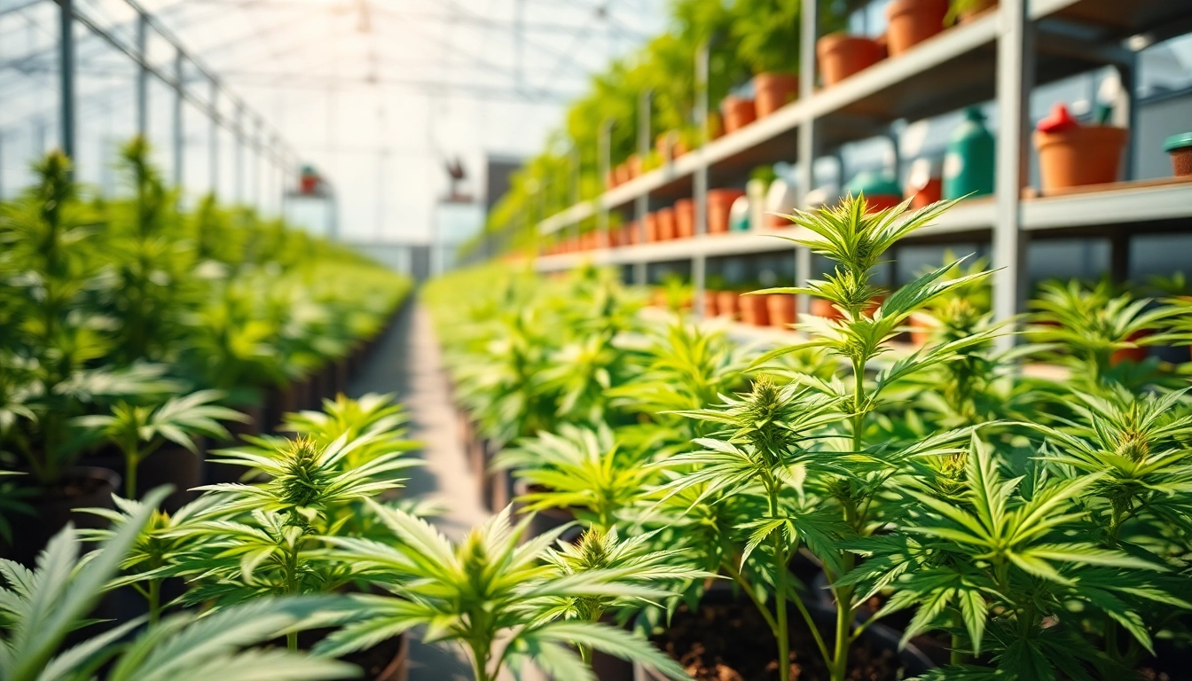 Find where can i buy weed plants in a lush greenhouse with vibrant cannabis varieties and tools.