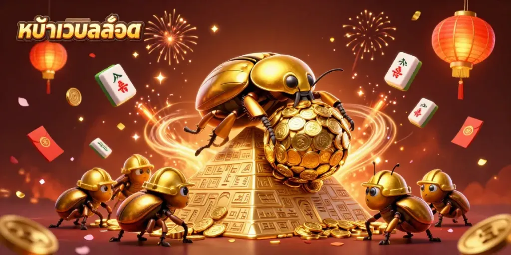 Engage with หน้าเว็บสล็อต as golden beetles roll coins, showcasing vibrant casino elements and dynamic energy.
