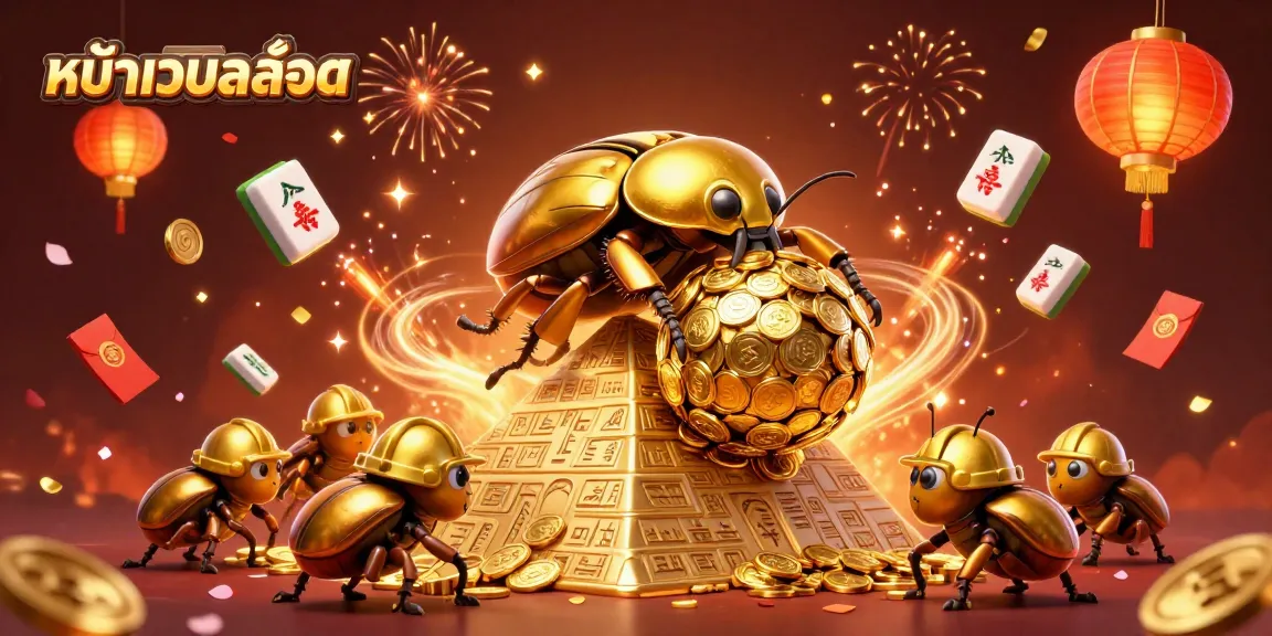 Engage with หน้าเว็บสล็อต as golden beetles roll coins, showcasing vibrant casino elements and dynamic energy.