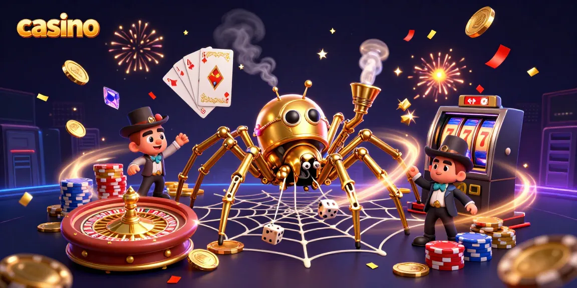 Experience an exciting casino scene with a steampunk spider and vibrant gaming elements.