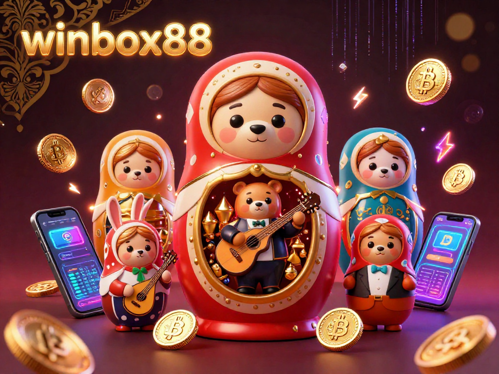 Join the excitement of winbox88 in this vibrant 3D casino scene, showcasing animated characters and crypto elements.
