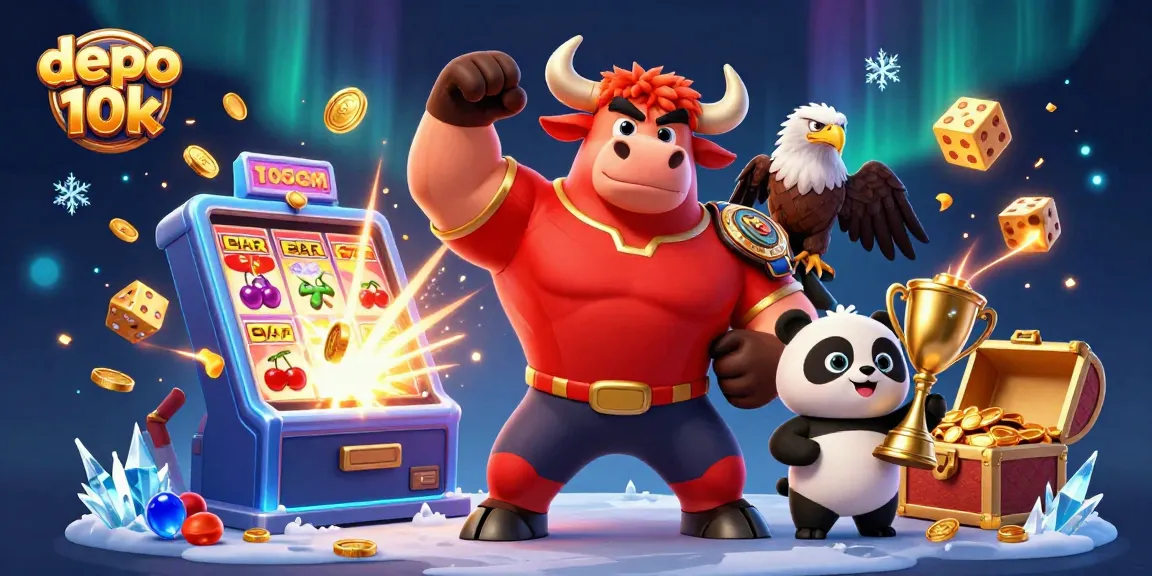 Experience thrilling wins with depo 10k at a vibrant casino scene featuring lively characters!