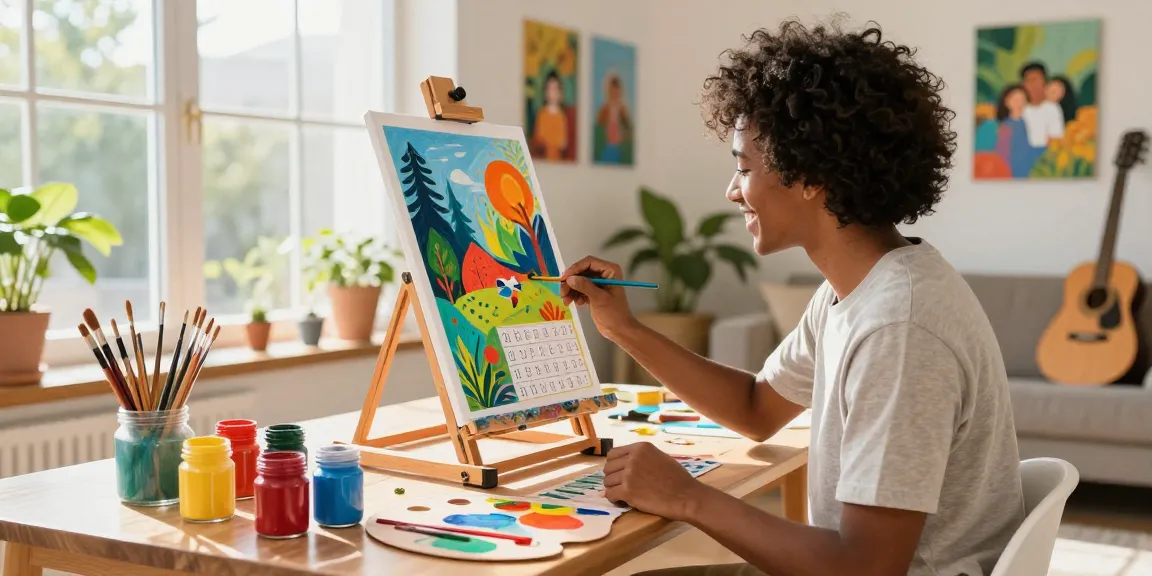 Artist immersed in a paint number project, creating vibrant art in a sunny studio.