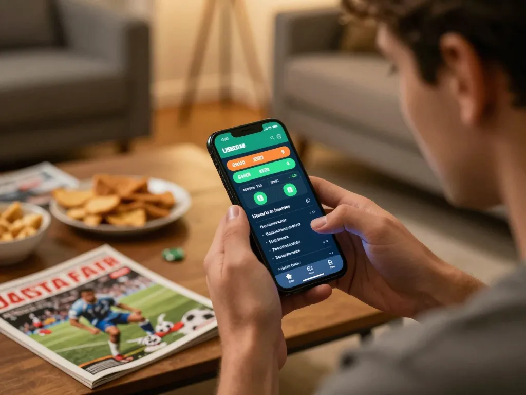 Betting on USBET app while enjoying a cozy home setting with sports magazines and snacks