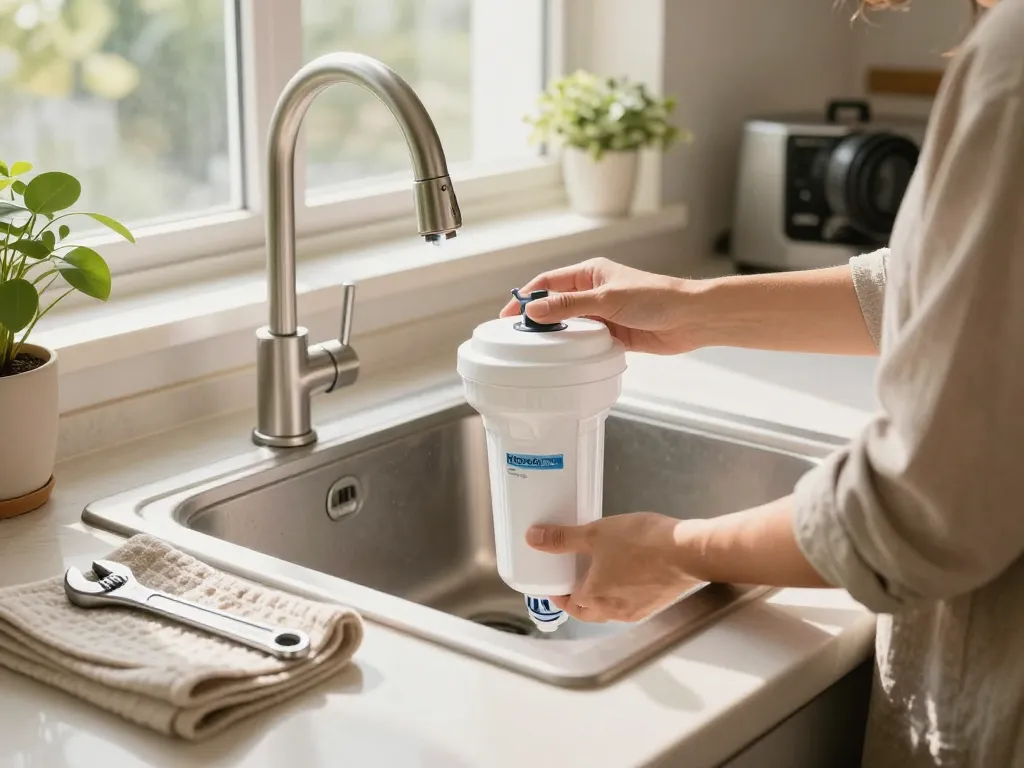 Replacing the Maxblue XWF Replacement for GE® XWF water filter in a modern kitchen