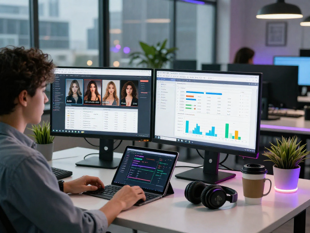 AI detector analysis workspace with dual screens, showcasing AI content moderation and flagged content types.