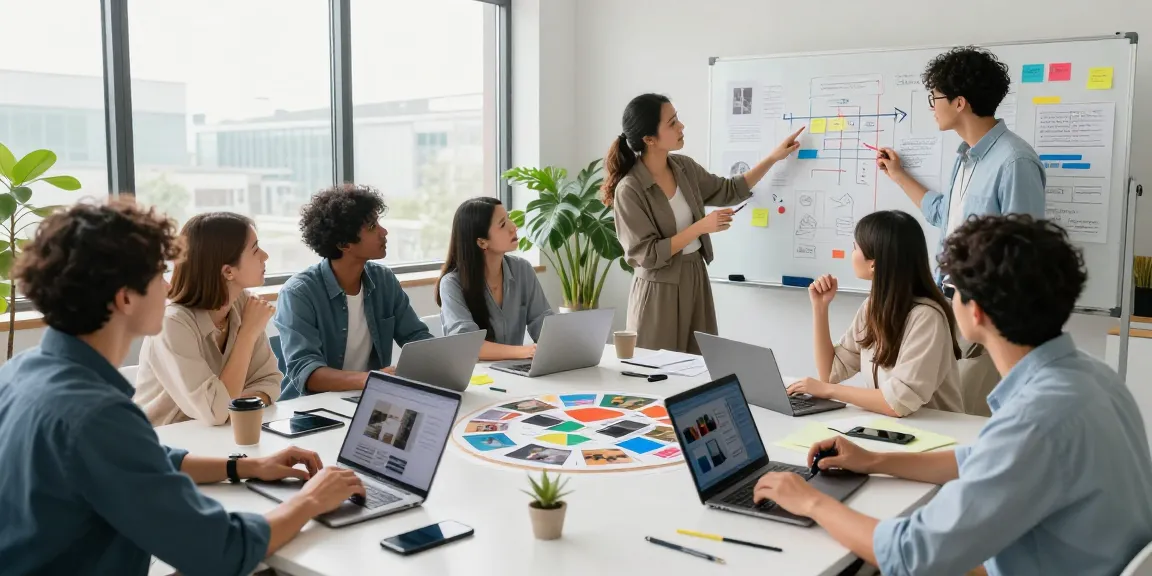 Creative team collaborating on a mixboard with vibrant designs and digital devices in a modern workspace.