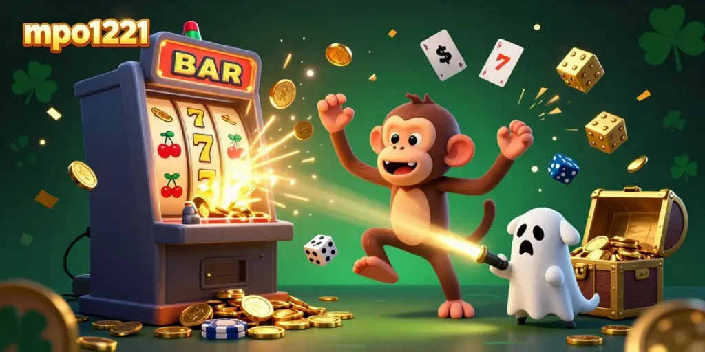 Engage with mpo1221's hauntingly thrilling world with a playful poltergeist monkey and ghost-hunter puppy in a vibrant casino.