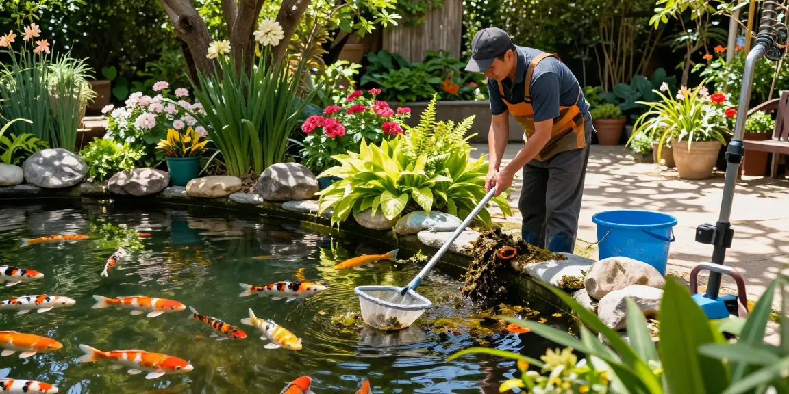 Pond Cleaning Sussex expert removing debris from a pristine backyard pond surrounded by lush greenery.
