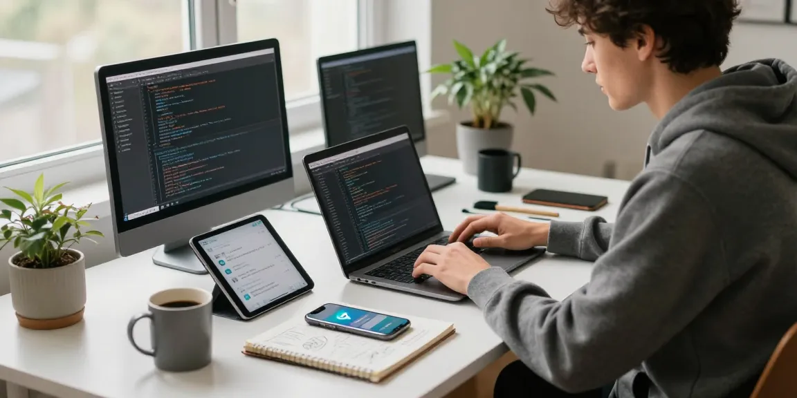 Efficient workspace for telegram中文版下载 showcasing a developer coding with modern devices.