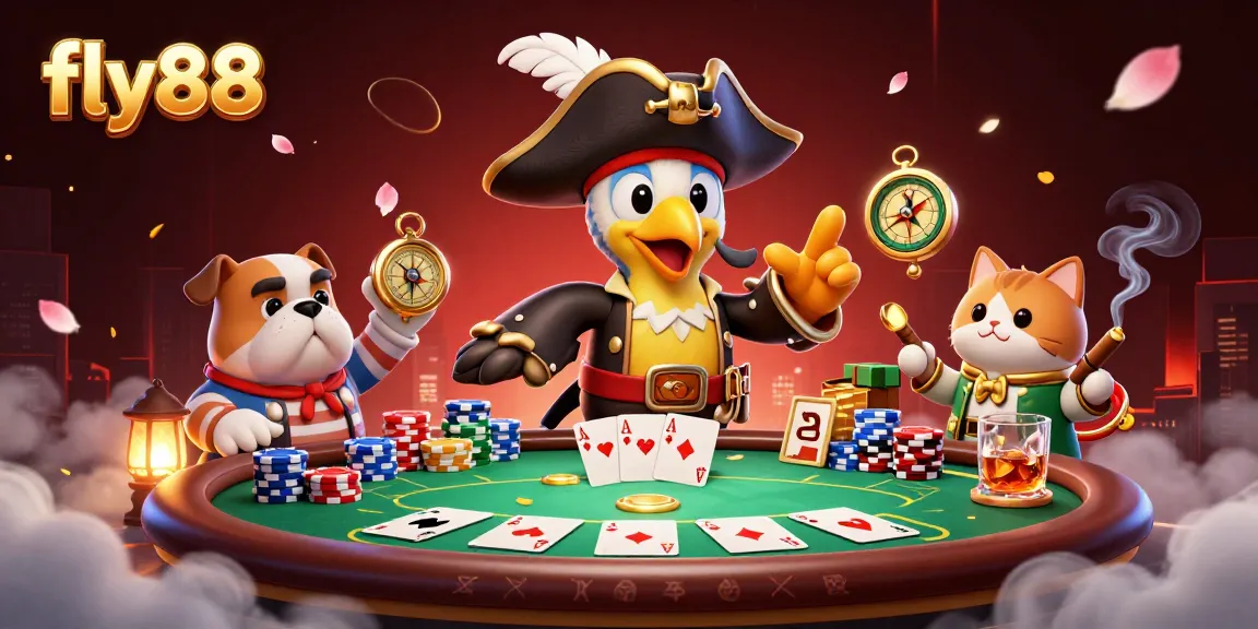 Engage with fly88 as a pirate captain parrot commands a vibrant poker scene with colorful chips and cards.