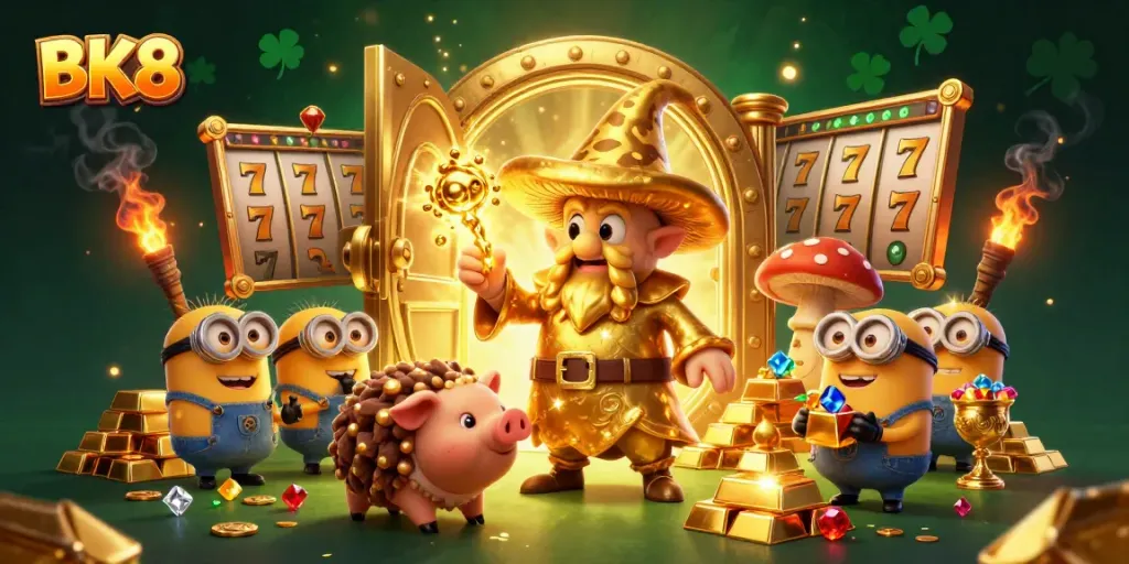 Experience the magic and fortune of BK8 while spinning jackpot reels amidst treasures and gold!
