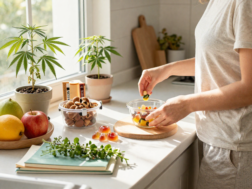Inviting kitchen preparing edibles weed recipe with CBD ingredients, fresh fruits, and herbs for natural wellness.