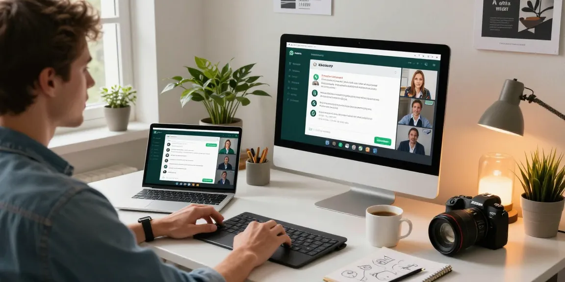 Dynamic home office using WhatsApp電腦版 on a desktop, showcasing productivity and connectivity.