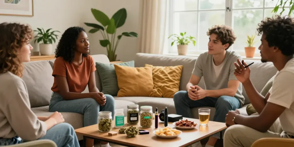 Cannabis delivery Newcastle scene with friends enjoying products in a cozy living room.