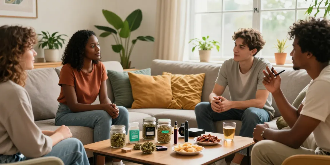 Cannabis delivery Newcastle scene with friends enjoying products in a cozy living room.