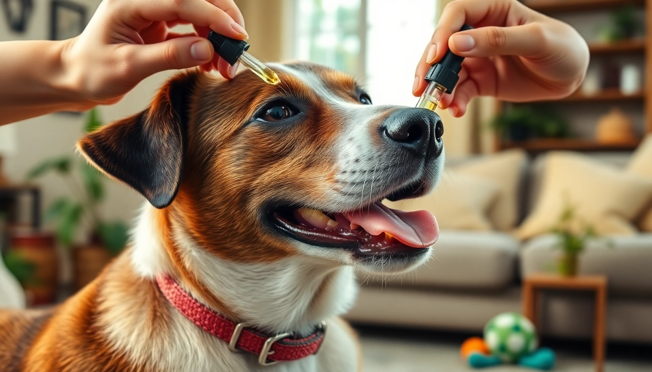 Administering CBD For Pet to a happy dog in a cozy home, showcasing health benefits.