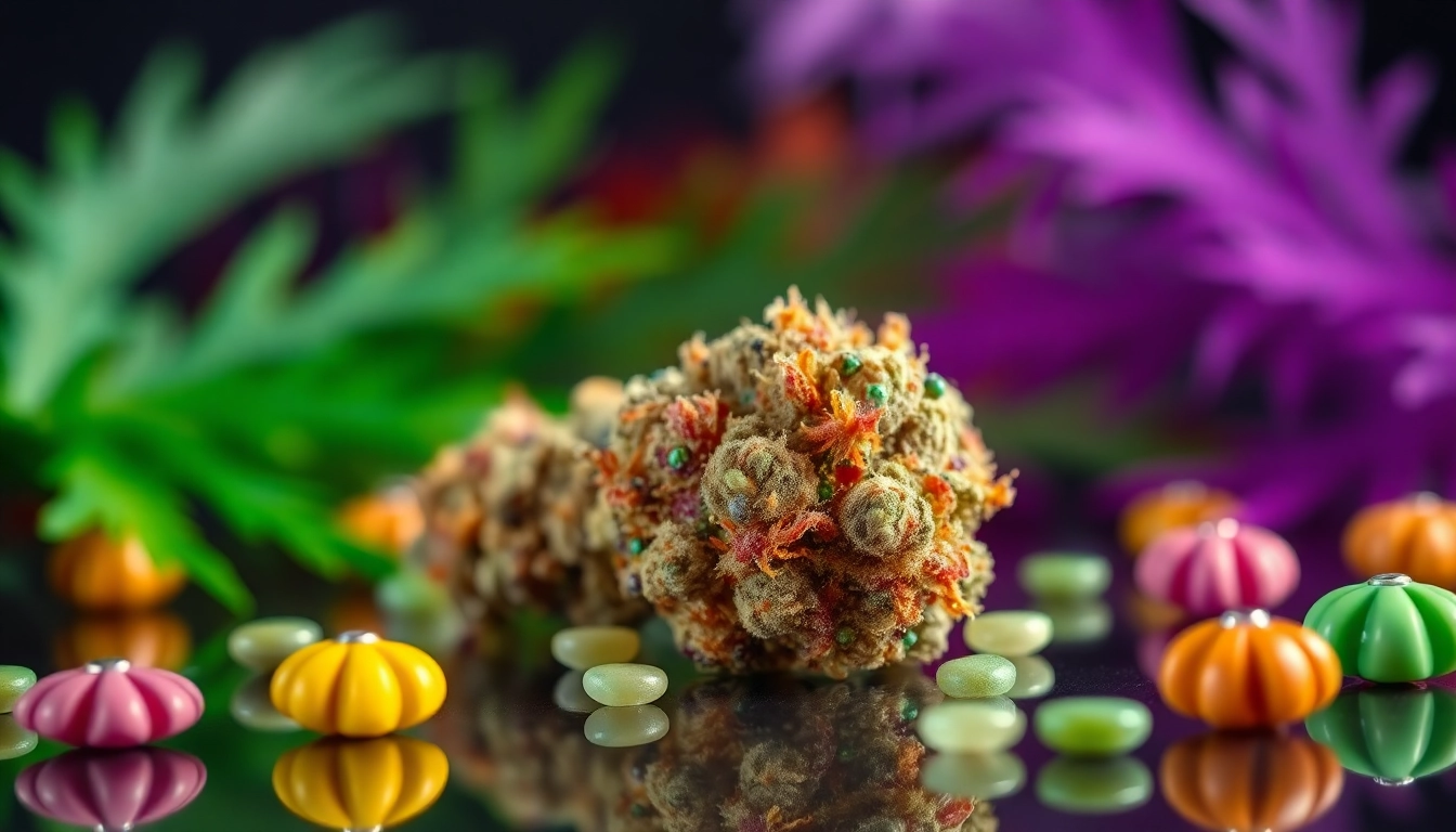 View of Miami Runtz strain bud with colorful candy accents, highlighting its vibrant appearance.