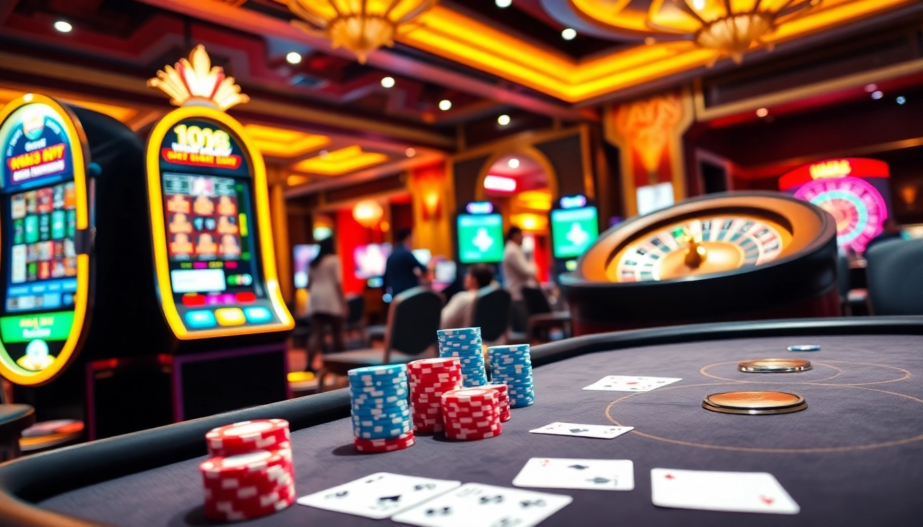 Experience thrilling gameplay at hay88.page with a vibrant casino scene featuring poker tables and slot machines.