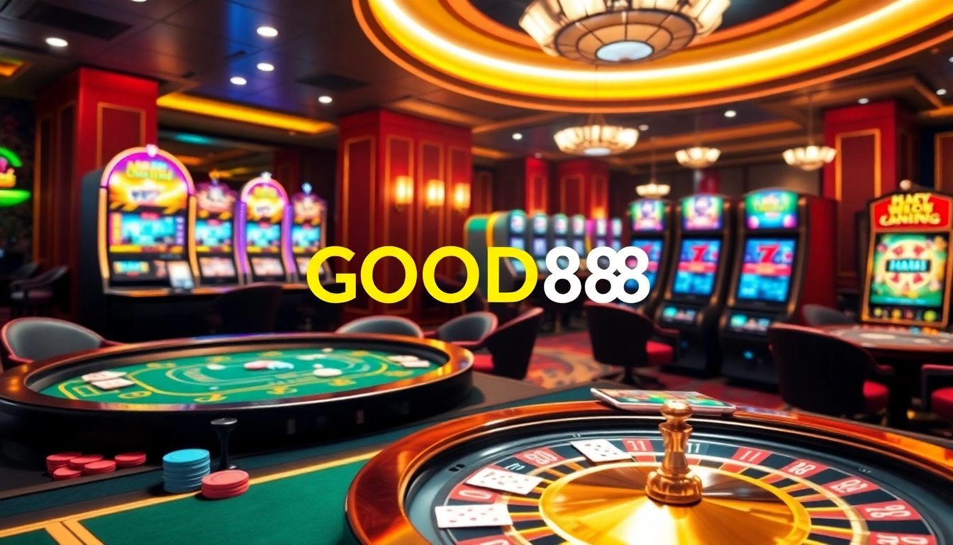 Experience the excitement of GOOD88 casino with vibrant gaming tables, poker chips, and roulette wheels.