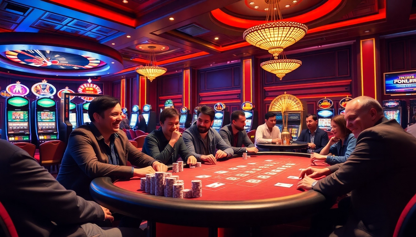 Players engaged in an exciting hand at b52club poker in a luxurious casino setting.
