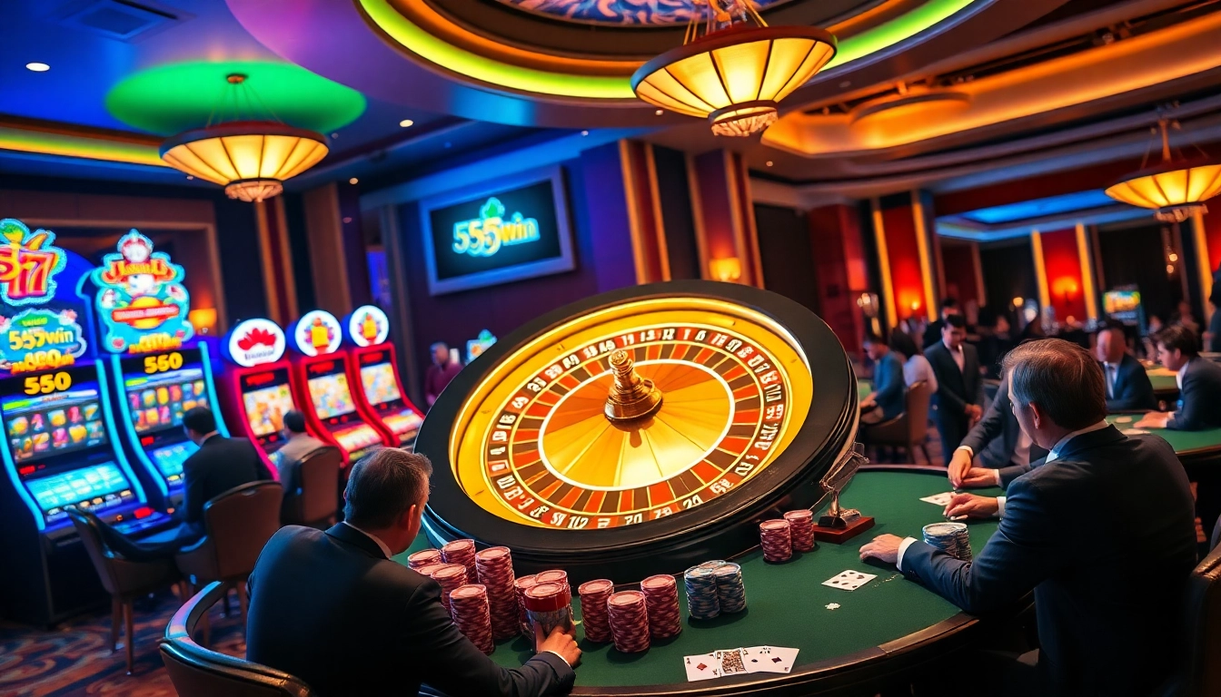 Engaged players enjoying high-stakes casino games at 555win with colorful chips and cards.