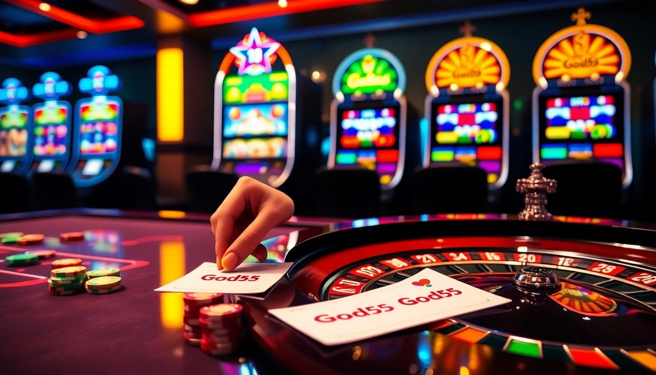 God55 enhances online gaming with vibrant casino elements, showcasing exciting betting and slots.