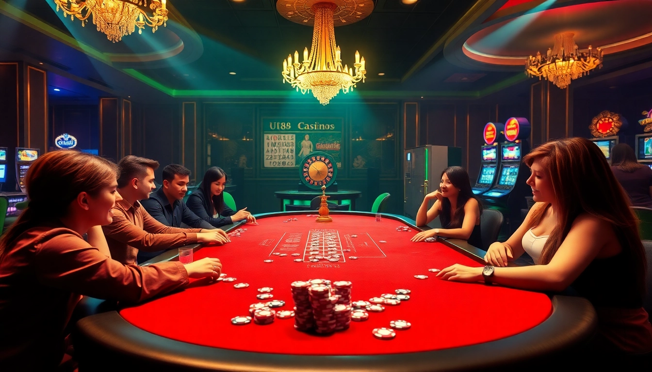 Players experiencing excitement at UU88 Casino with poker, roulette, and slot machines.