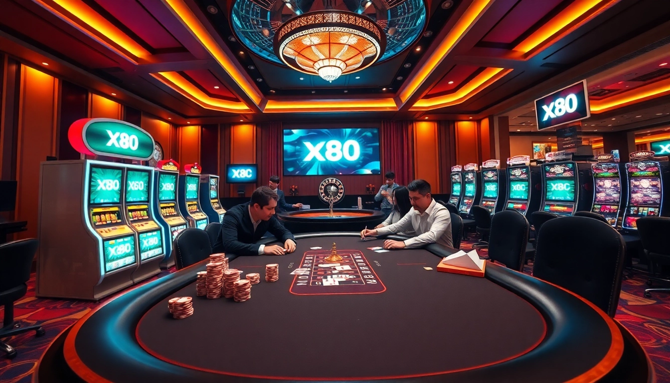 Players enjoying a thrilling game at xx88 kjc casino, surrounded by colorful chips and vibrant ambiance.