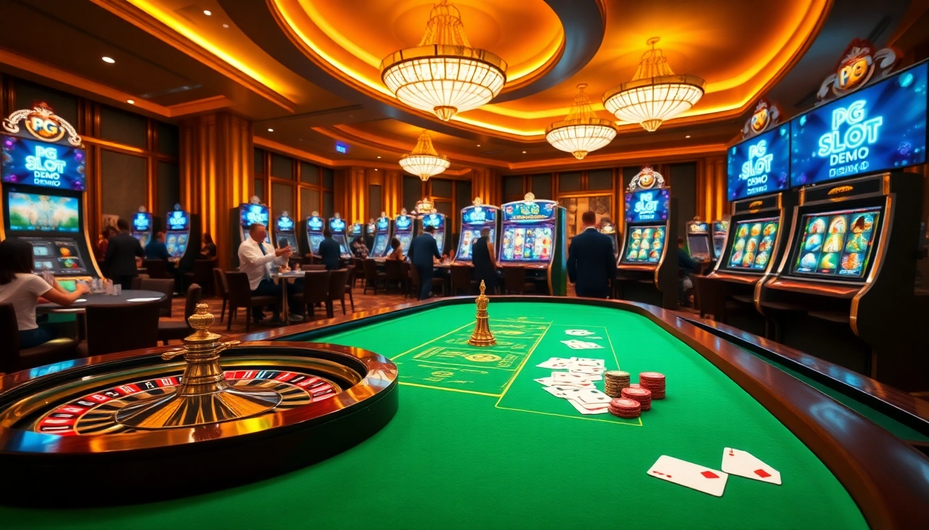 Experience excitement of pg slot demo with vibrant gaming tables and joyful players in a luxurious casino.