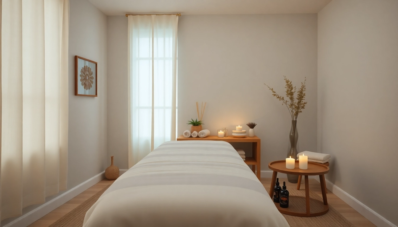 오산출장마사지 서비스용 편안한 가정 마사지 환경, 차분한 색상과 스파 요소를 특징으로 합니다.