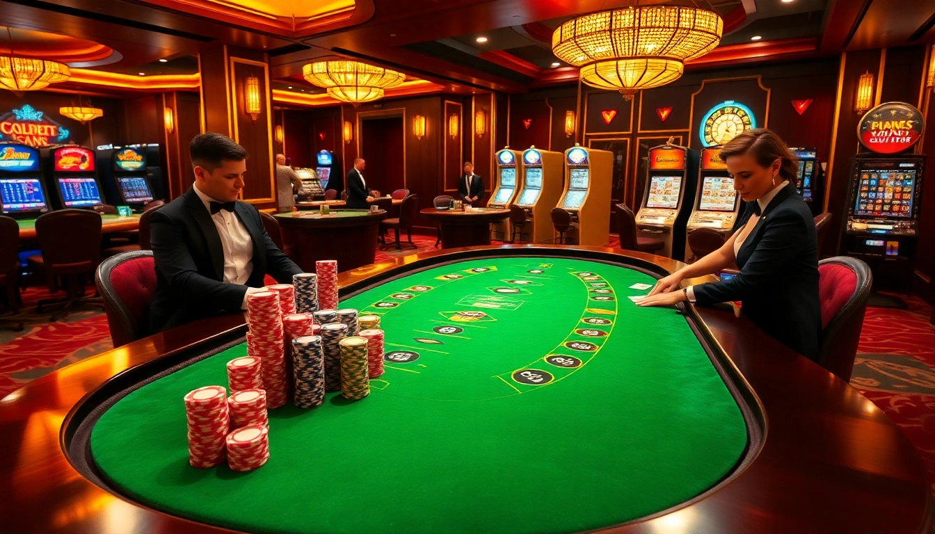A lively 8day casino scene showcasing high-stakes poker action at a luxurious table with colorful chips.